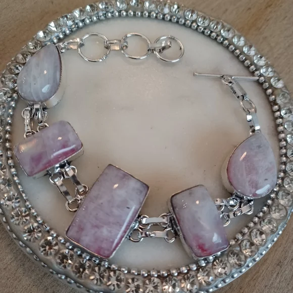 Rainbow Moonstone Silver Link Rectangle Teardrop Adjustable Bracelet - Picture 5 of 12